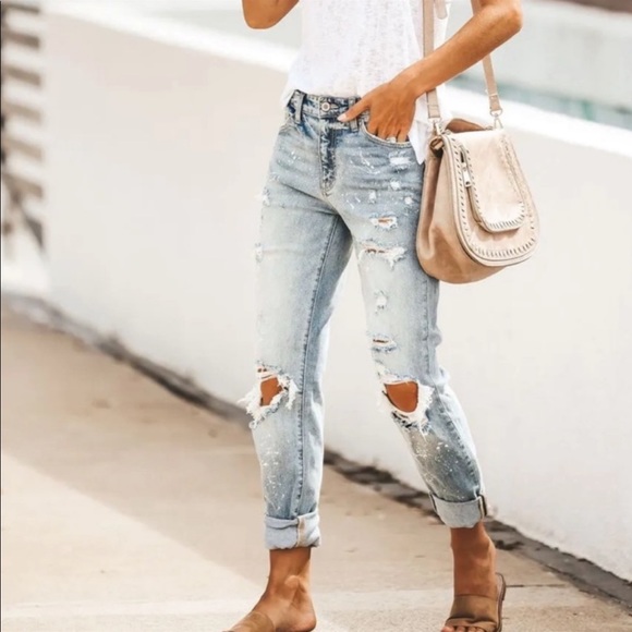Brand New Distressed Denim Jeans Paint Splatter Relaxed Fit Boyfriend - Picture 10 of 10